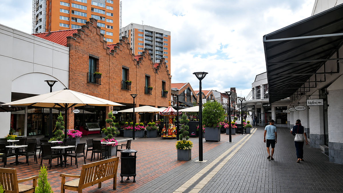 Roubaix Designer Outlet streetscape with brick architecture